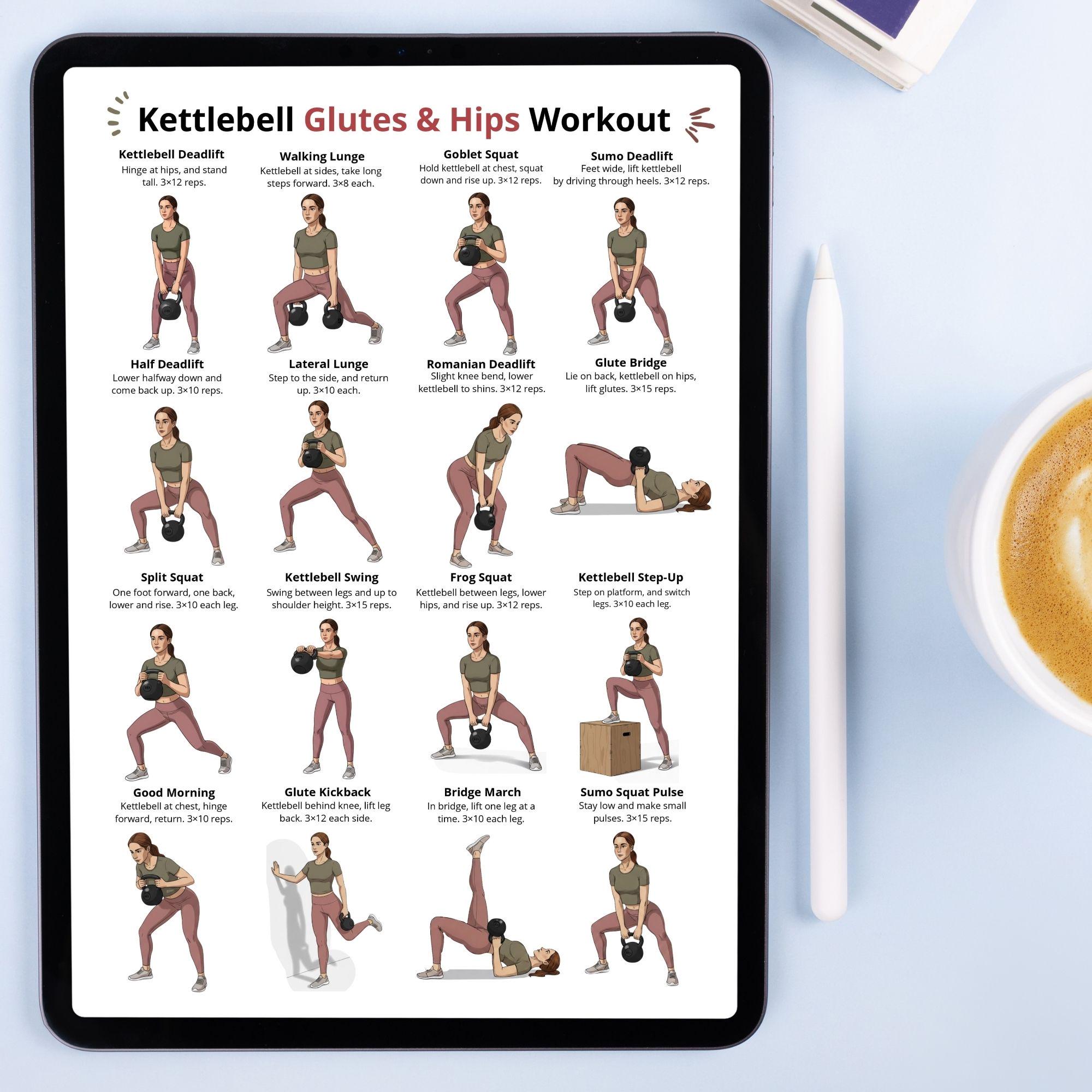 Kettlebell Workout Set, Full Body Kettlebell Exercises, Core Abs Glutes