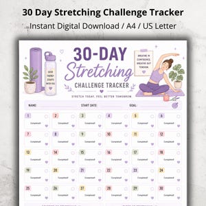 Può includere: Una scheda di monitoraggio per una sfida di stretching di 30 giorni nei toni giorni nei toni giorni nei toni del viola. Include una griglia per 30 giorni, sezioni per nome, data di inizio e obiettivo, e illustrazioni di un tappetino da yoga e una borraccia.