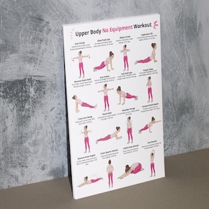 May include: A white poster displaying an "Upper Body No Equipment Workout" with exercise illustrations. Exercises include arm circles, knee push-ups, and plank hold. The poster is propped against a grey wall.