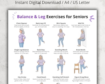 Balance & Leg Exercises for Seniors | Standing Stability and Leg Workout for Older Adults Chart | Gentle Senior Low Impact Activity Poster