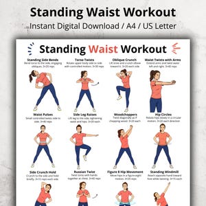 Puede incluir: Una descarga digital titulada "Standing Waist Workout" con ejercicios ilustrados. Los ejercicios incluyen flexiones laterales, giros de torso, abdominales oblicuos, giros de cintura, pulsos de cintura, elevaciones laterales de piernas, leñadores, círculos de cadera, etc.