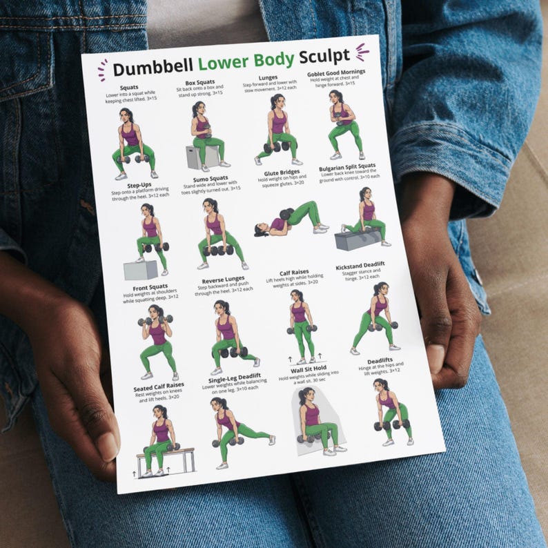 Dumbbell Lower Body Workout Poster, Leg & Glute Exercise Chart, Home ...