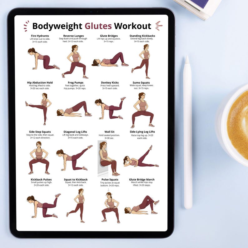Bodyweight Glutes Workout Poster, Glute & Hips Exercise Chart Printable ...