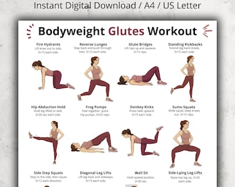 Bodyweight Glutes Workout Poster, Glute & Hips Exercise Chart Printable, Lower Body Home Workout, Legs Exercise Sheet, Fitness Wall Art PDF