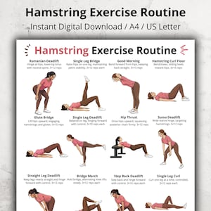Puede incluir: Descarga digital titulada "Hamstring Exercise Routine" con ilustraciones de ejercicios. Los ejercicios incluyen Romanian Deadlift, Single Leg Bridge, Good Morning y Hamstring Curl Floor. Formato A4 y US Letter.
