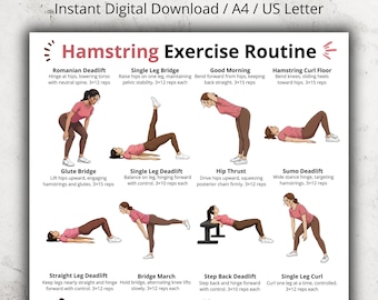 Ejercicios para isquiotibiales, tabla imprimible de ejercicios para isquiotibiales, ejercicios de piernas para la parte inferior del cuerpo en el gimnasio, póster de entrenamiento de glúteos en PDF para casa y gimnasio.