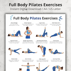 Full Body Pilates Exercises Chart | Beginner Home Workout Poster for Women | Printable Pilates Wall Art PDF | No Equipment Fitness Exercises