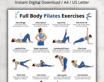 Full Body Pilates Exercises Chart | Beginner Home Workout Poster for Women | Printable Pilates Wall Art PDF | No Equipment Fitness Exercises