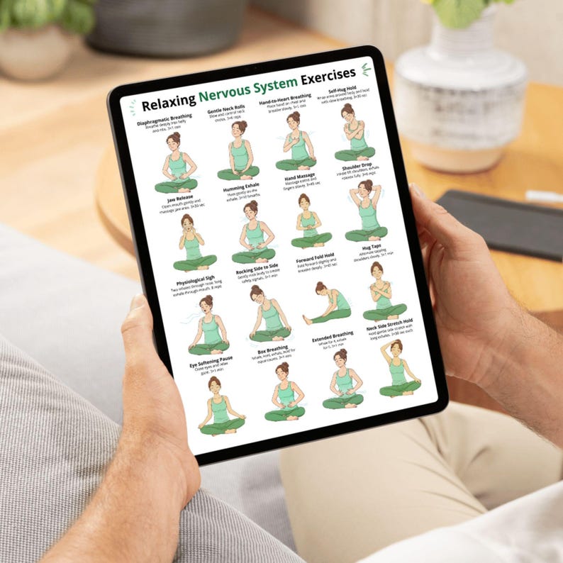 May include: A black tablet displays a guide titled "Relaxing Nervous System Exercises." The guide features illustrations of yoga poses and breathing techniques. The tablet is held by a person, with a wooden table and a white vase in the background.