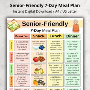 May include: A digital 7-day meal plan for seniors, with breakfast, snack, lunch, and dinner options. The plan includes recipes with measurements in ounces, cups, and tablespoons. The title reads "Senior-Friendly 7-Day Meal Plan".