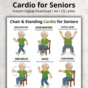 Puede incluir: Una descarga digital titulada "Cardio para personas mayores" con ilustraciones de ejercicios. Los ejercicios incluyen caminar en el lugar, marchar en silla, saltos sentados, círculos de brazos, baile y boxeo en silla. El texto dice "Cardio de pie y en silla para personas mayores."