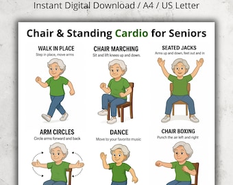 Könnte beinhalten: Ein digitaler Download mit dem Titel "Cardio für Senioren" mit Illustrationen von Übungen. Die Übungen umfassen Gehen auf der Stelle, Stuhlmarsch, Sitz-Jacks, Armkreisen, Tanzen und Stuhlboksen. Der Text lautet "Chair & Standing Cardio für Senioren."