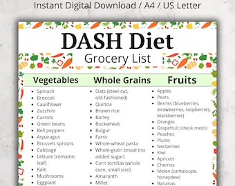 May include: A DASH Diet grocery list, a digital download, features a detailed list of vegetables, whole grains, fruits, lean proteins, nuts & seeds, and low-fat dairy. The list is organized with bullet points for easy reading.