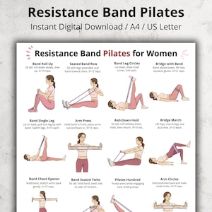 Può includere: Un download digitale intitolato "Resistance Band Pilates" con esercizi illustrati per donne. Gli esercizi includono Band Roll-Up, Seated Band Row, Band Leg Circles e Bridge with Band. Il documento è in formato A4 e US Letter.