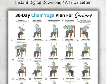 30 Day Chair Yoga Plan for Seniors | Seated Yoga for Older Adults | Low Impact Exercise Chart | Gentle Chair Workout Printable PDF Download