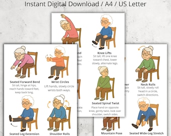 Chair Yoga for Seniors, Low Impact Movement Chart, Printable Home Workout for Elderly and Beginners, Gentle Senior Fitness, Seated Exercises
