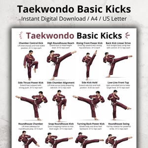 Può includere: Una stampa digitale che illustra i calci base del Taekwondo. Il poster presenta una serie di scatti d'azione che dimostrano vari calci, tra cui Chamber Control, High Roundhouse Reach e Roundhouse Swing. Ogni calcio è accompagnato da istruzioni e conteggi delle ripetizioni.