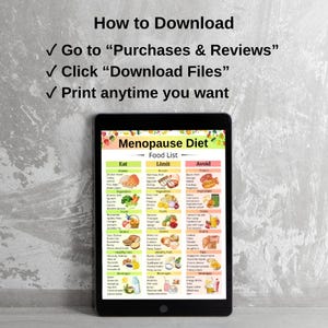 May include: A black tablet displays a colorful "Menopause Diet Food List" with sections for "Eat", "Limit", and "Avoid". Above the tablet are instructions: "How to Download", "Go to 'Purchases & Reviews'", "Click 'Download Files'", and "Print anytime you want".