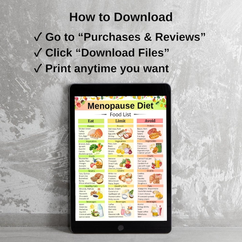 May include: A black tablet displays a colorful "Menopause Diet Food List" with sections for "Eat", "Limit", and "Avoid". Above the tablet are instructions: "How to Download", "Go to 'Purchases & Reviews'", "Click 'Download Files'", and "Print anytime you want".