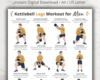 Kettlebell Leg Exercises Poster for Men, Printable Kettlebell Lower Body Workout Chart for Glutes, Thighs, Hips and Calves for Home or Gym