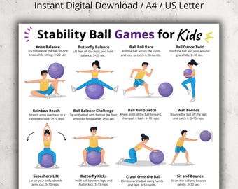 Stability Ball Games for Kids Poster, Exercise Ball Activities Chart Printable, Fun Indoor Play Ideas, Kids Physical Activity PDF Poster