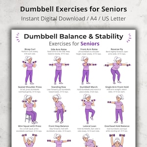 Dumbbell Exercises for Seniors Printable | Balance & Stability PDF Poster | Low Impact Full Body Dumbbell Workout for Older Adults