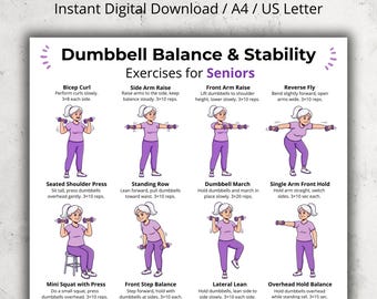 Kurzhantelübungen für Senioren Printable | Balance & Stabilität PDF Poster | Ganzkörper-Kurzhantel-Training für ältere Erwachsene