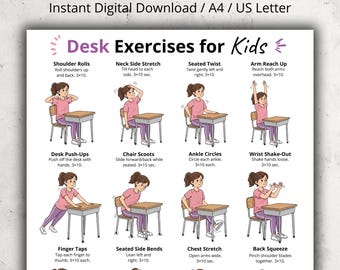 Desk Exercises for Kids Printable | Classroom Chair Activities | Seated Desk Activity Chart PDF | Desk Exercises in School for Children