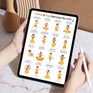 May include: A tablet displays "Dance & Play Exercises for Kids" with illustrations of children performing various exercises. The exercises include side step swing, spin and clap, power jump, and twirl and spin. A stylus is held in the hand.