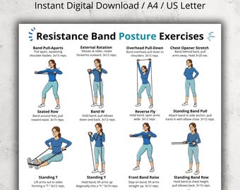 Poster weerstandsband houdingsoefeningen, stretchkaart rug en schouder pdf, houdingsoefeningen senioren, training weerstandsband voor vrouwen