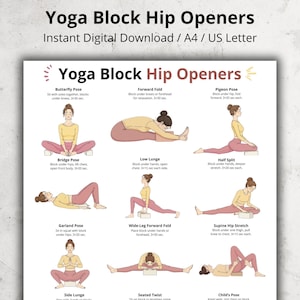 May include: A digital print titled "Yoga Block Hip Openers" with illustrated yoga poses. The poses include Butterfly, Forward Fold, Pigeon, Bridge, Low Lunge, Half Split, Garland, Wide-Leg Forward Fold, Supine Hip Stretch, Side Lunge, Seated Twist, and Child's Pose.