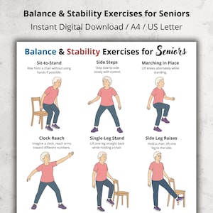 Balance & Stability Exercises for Seniors – Gentle Low Impact Workout Printable Chart, Senior Exercise PDF Download, Elderly Exercises
