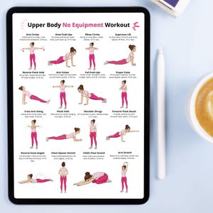 May include: A digital tablet shows an "Upper Body No Equipment Workout" guide with illustrated exercises. The guide includes arm circles, push-ups, and stretches. A stylus and a cup of coffee are next to the tablet.