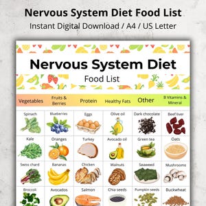Könnte beinhalten: Ein digitaler Druck mit dem Titel "Nervous System Diet Food List" im Format A4/US Letter. Die Lebensmittelliste ist in Kategorien unterteilt: Gemüse, Obst & Beeren, Protein, Gesunde Fette, Sonstiges und B-Vitamine & Mineralien. Illustrationen von Gemüse, Obst, Proteinen und Fetten.