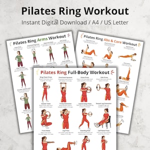 Könnte beinhalten: Drei druckbare Pilates-Ring-Workout-Anleitungen. Die Anleitungen zeigen Illustrationen von Übungen für Arme, Bauchmuskeln und den ganzen Körper. Der Text enthält Übungsnamen und Anweisungen für jede Bewegung.