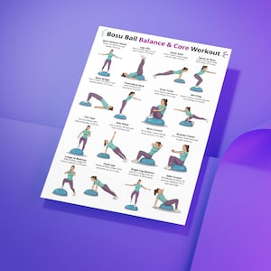 May include: A white poster titled "Bosu Ball Balance & Core Workout" with illustrations of exercises. The exercises include Basic Balance Stand, Leg Lifts, Plank Hold, and Squat on Bosu. Other exercises are Bosu Bridge, Front-Back Rack, Knee Tucks, and Bird Dog.
