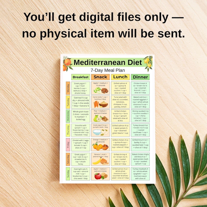 May include: A Mediterranean Diet 7-Day Meal Plan digital file. The meal plan includes breakfast, snack, lunch, and dinner options for each day of the week. The text at the top says, "You'll get digital files only &mdash; no physical item will be sent."