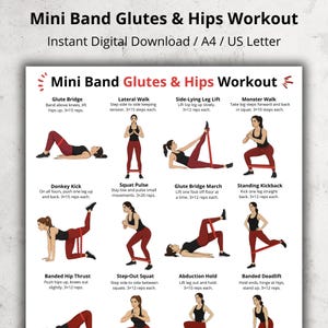 Puede incluir: Una guía de ejercicios de descarga digital titulada "Mini Band Glutes & Hips Workout" con ejercicios ilustrados. La guía incluye ejercicios como Glute Bridge, Lateral Walk, Side-Lying Leg Lift y Monster Walk, cada uno con instrucciones y repeticiones.
