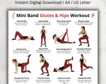 Mini-Band-Gesäß- und Hüft-Trainingsposter, Widerstandsband-Übungstabelle, Unterkörpertraining bedruckbar, Widerstandsschlaufe Bein- und Gesäßübungen