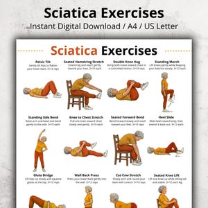 Op de afbeelding: Een digitale download met de titel "Sciatica Exercises" met illustraties die verschillende rekoefeningen demonstreren. De oefeningen omvatten bekkenkanteling, zittende hamstringstretch, dubbele knie-omhelzing en staande mars. Geformatteerd voor A4 en US Letter.