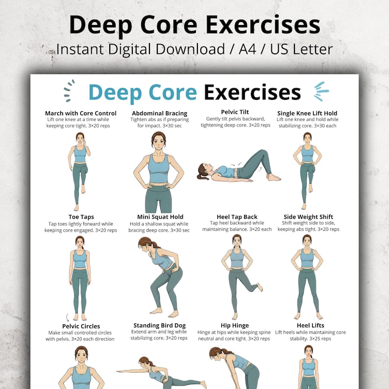 Deep Core Exercises Printable, Core and Ab Exercises at Home, Standing ...