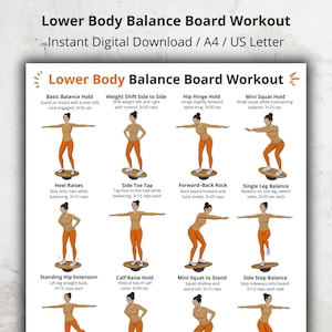 Op de afbeelding: Een digitale download getiteld "Lower Body Balance Board Workout" met oefenillustraties. De oefeningen omvatten balansoefeningen, squats en heupextensies. Beschikbaar in A4- en US Letter-formaten.