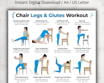 May include: A digital workout guide titled "Chair Legs & Glutes Workout" with exercise illustrations. The guide includes instructions for exercises such as seated leg extensions, hamstring curls, and calf raises. The guide is designed for A4 and US Letter sizes.