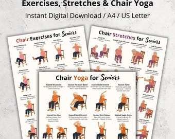 May include: A set of digital download posters for chair exercises, stretches, and chair yoga designed for seniors. The posters include illustrated instructions for various exercises, with text labels for each movement. The title text is in a bold, black font.