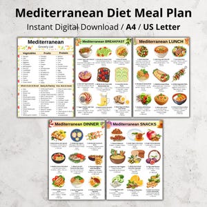 May include: A digital Mediterranean Diet Meal Plan, available as an instant download in A4 and US Letter sizes. The plan includes a grocery list, breakfast, lunch, dinner, and snack ideas with colorful illustrations of various food items.