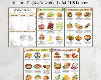Mediterranean Diet Meal Plan Printable, Mediterranean Menu Poster, Mediterranean Diet Food List, Mediterranean Diet Meals Planner PDF Chart