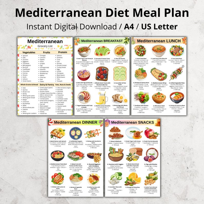 May include: A digital Mediterranean Diet Meal Plan, available as an instant download in A4 and US Letter sizes. The plan includes a grocery list, breakfast, lunch, dinner, and snack ideas with colorful illustrations of various food items.