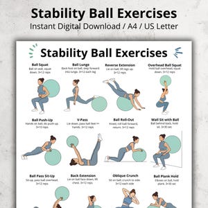 Peut inclure: Téléchargement numérique intitulé "Exercices avec ballon de stabilité" aux formats A4 et US Letter. L'affiche présente des exercices illustrés avec un ballon de stabilité, incluant squats, fentes, pompes et planches. Chaque exercice est accompagné d'instructions.