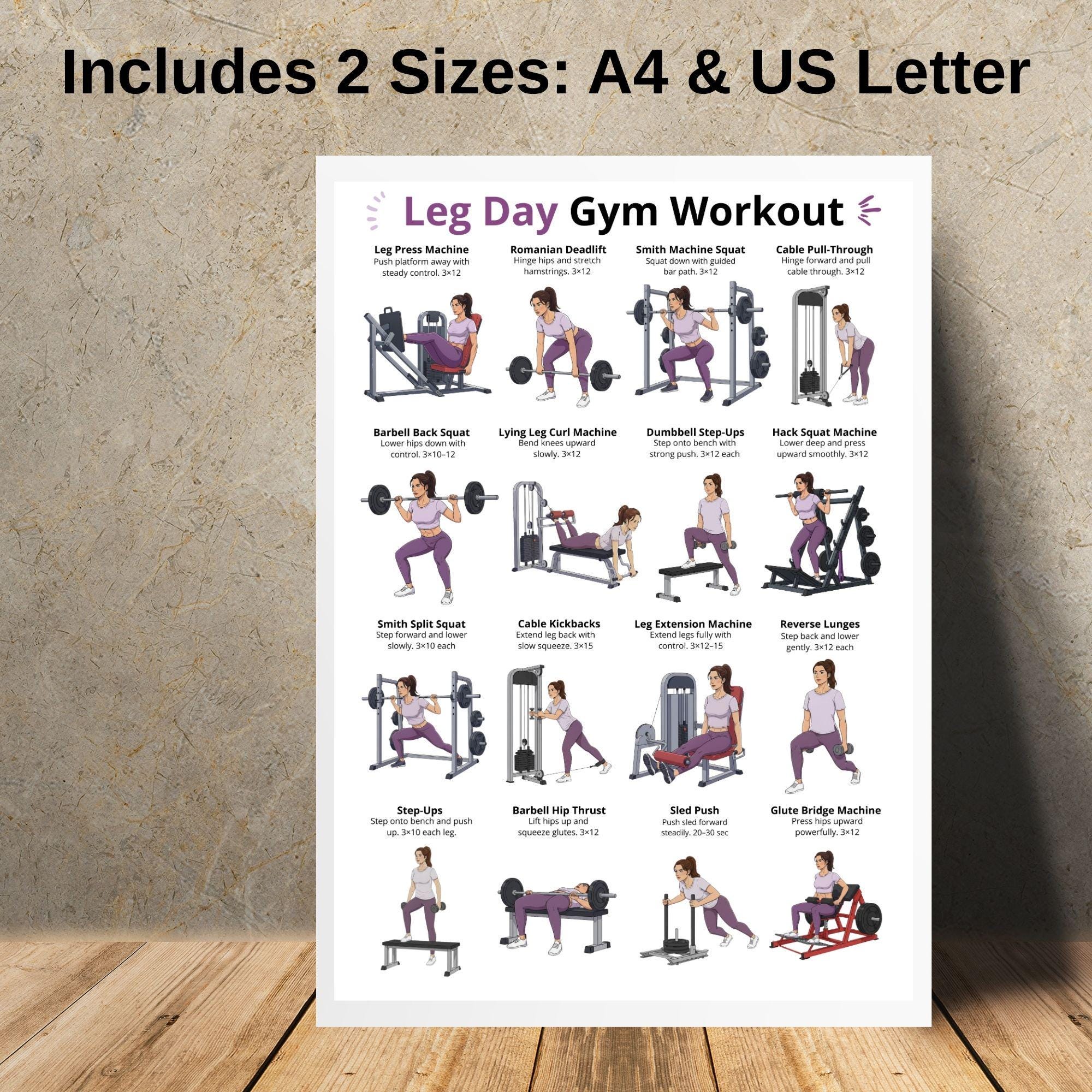 Leg Day Gym Workout Poster, Lower Body Workout Chart Printable, Glutes ...