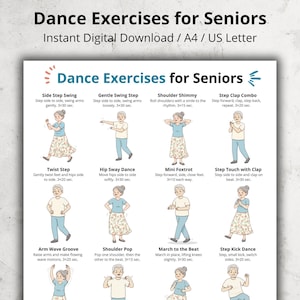 Könnte beinhalten: Ein druckbarer Leitfaden mit dem Titel "Tanzübungen für Senioren" mit Illustrationen verschiedener Tanzbewegungen. Die Übungen umfassen Side Step Swing, Twist Step und Shoulder Shimmy. Der Leitfaden ist ein sofortiger digitaler Download in A4- und US-Letter-Größe.